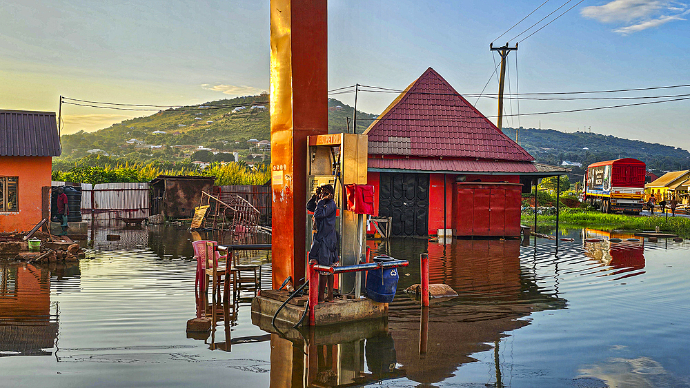 Gas station (service station), inundated by flood water, Kigoma, Lake Tanganyika, Tanzania, East Africa, Africa