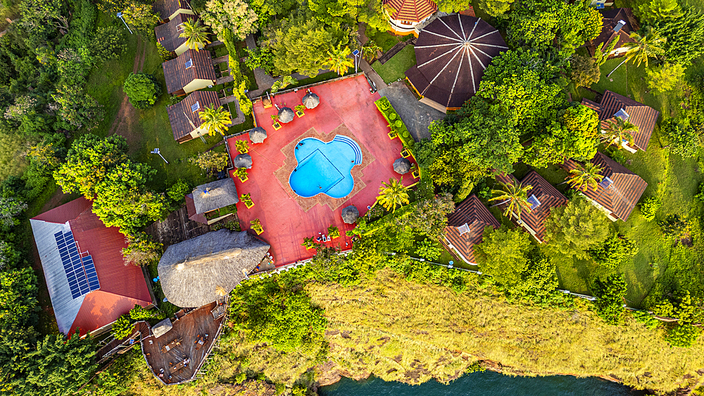 Aerial of a luxury hotel in Kigoma, Lake Tanganyika, Tanzania, East Africa, Africa