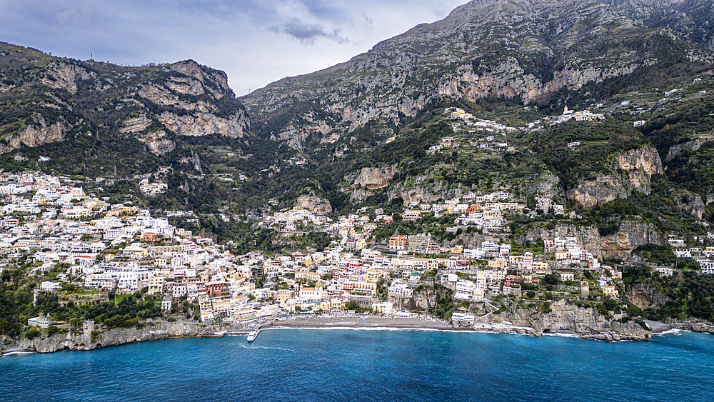 Aerial of Positano, The Amalfi Coast, UNESCO World Heritage Site, Campania, Italy, Europe