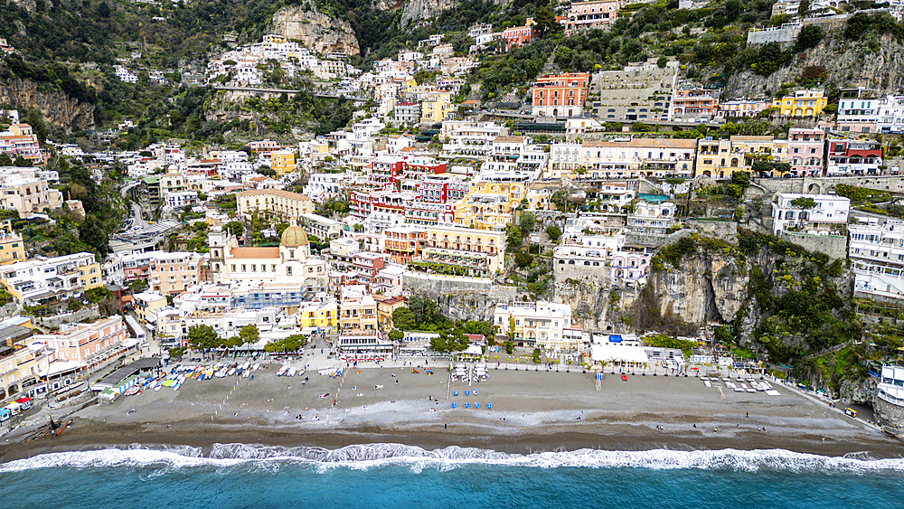 Aerial of Positano, The Amalfi Coast, UNESCO World Heritage Site, Campania, Italy, Europe