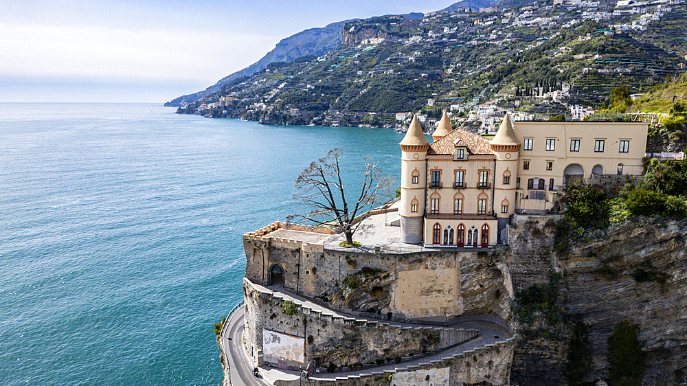 Aerial of a palace above Minori, The Amalfi Coast, UNESCO World Heritage Site, Campania, Italy, Europe