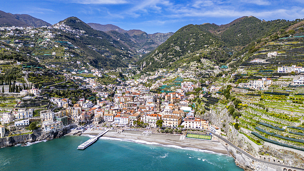 Aerial of Minori, The Amalfi Coast, UNESCO World Heritage Site, Campania, Italy, Europe