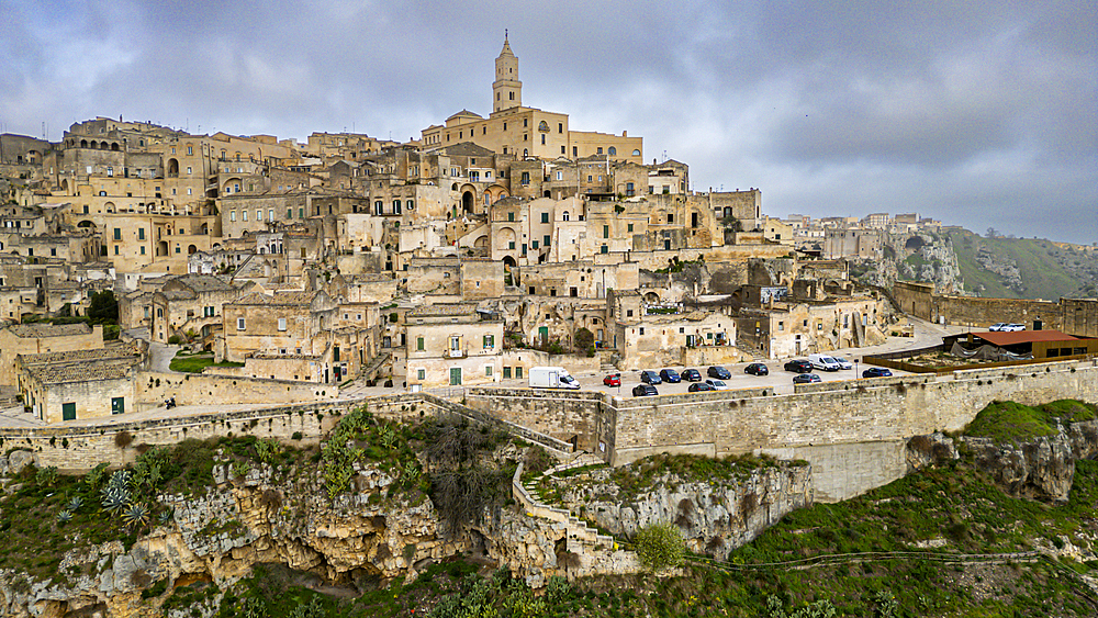 Aerial of Sassi di Matera, UNESCO World Heritage Site, Basilicata, Italy, Europe