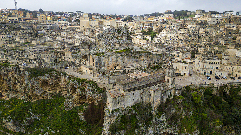 Aerial of Sassi di Matera, UNESCO World Heritage Site, Basilicata, Italy, Europe