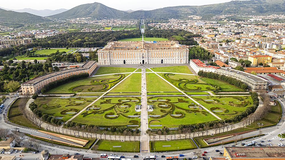 Aerial of the Reggia di Caserta (Royal Palace of Caserta), UNESCO World Heritage Site, Campania, Italy, Europe