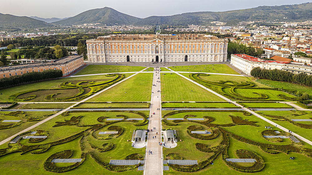 Aerial of the Reggia di Caserta (Royal Palace of Caserta), UNESCO World Heritage Site, Campania, Italy, Europe