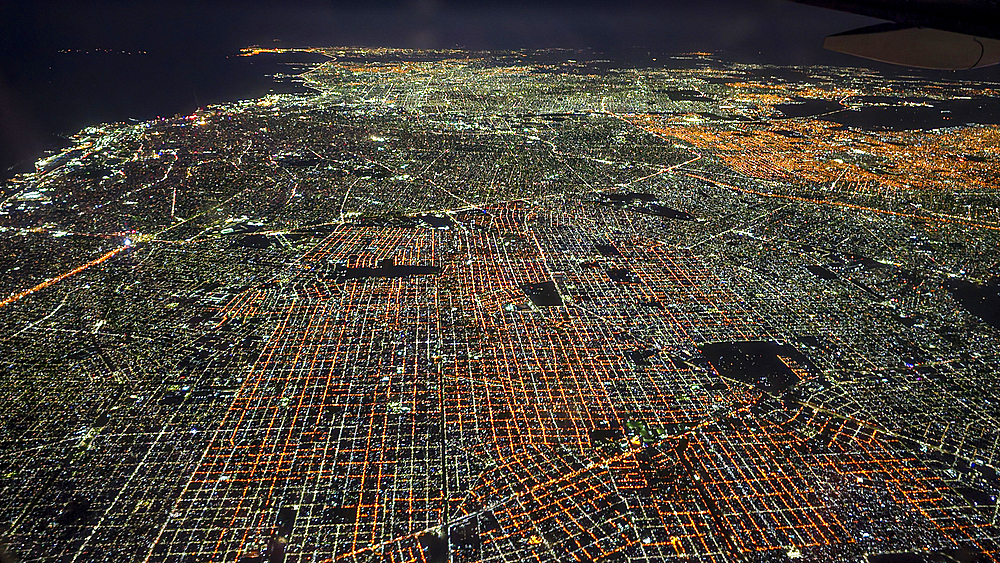 Night aerial of the Center of Buenos Aires, Argentina, South America