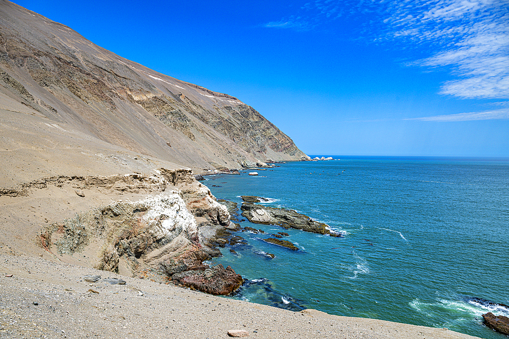 Coastline and recovery place of the Chinchorro Mummies, UNESCO World Heritage Site, Camarones Valley, northern Atacama desert, Chile, South America