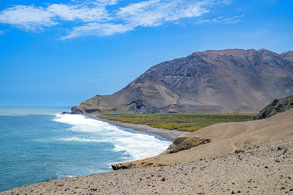 Coastline and recovery place of the Chinchorro Mummies, UNESCO World Heritage Site, Camarones Valley, northern Atacama desert, Chile, South America