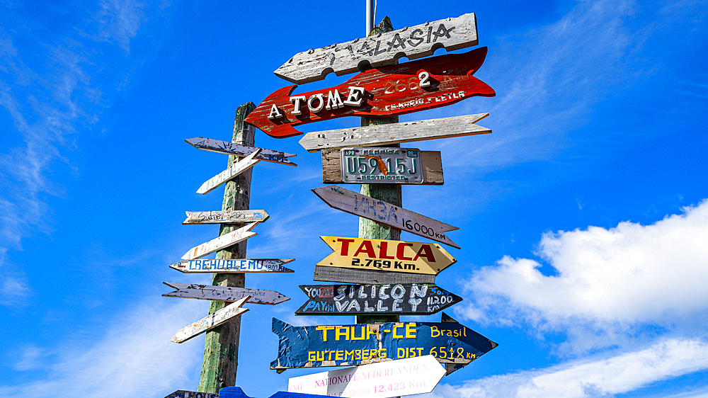 Worldwide signs, Punta Arenas, Patagonia, Chile, South America