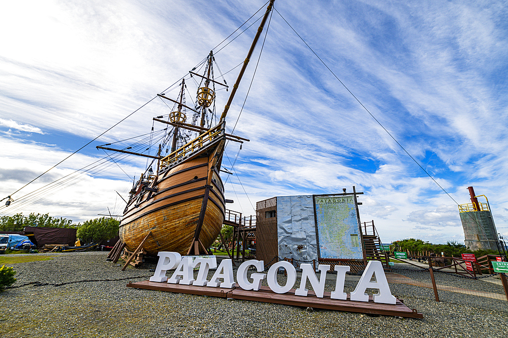 Replica of historic ship, Nao Victoria Museo, Shoreline of Punta Arenas, Patagonia, Chile, South America