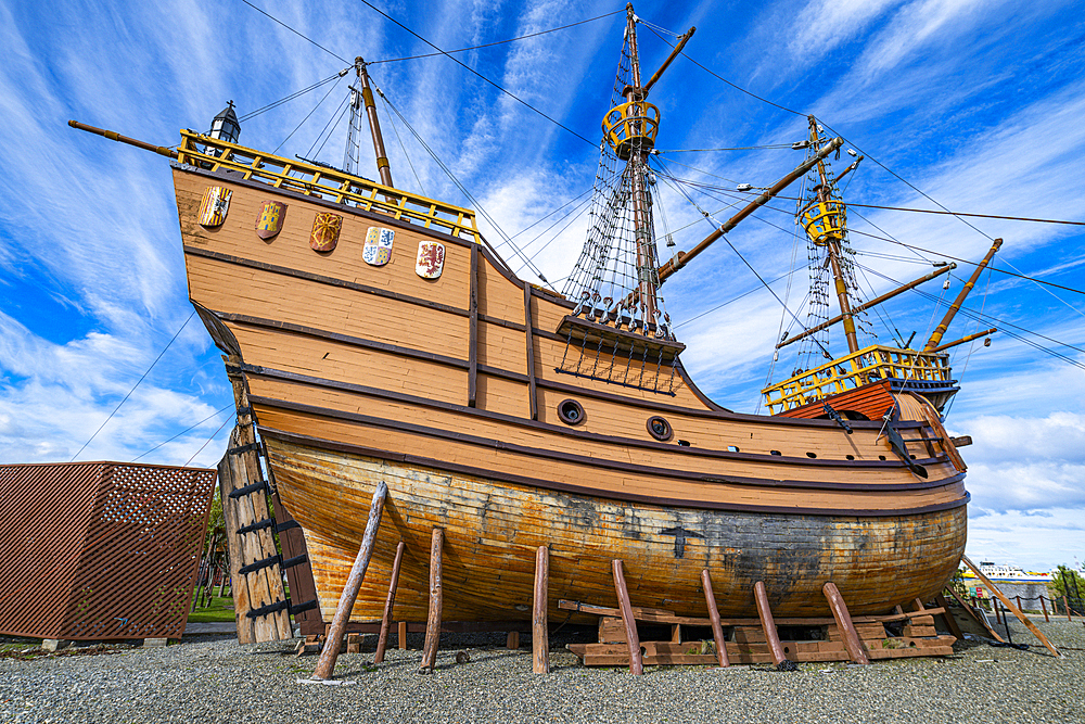 Replica of historic ship, Nao Victoria Museo, Shoreline of Punta Arenas, Patagonia, Chile, South America