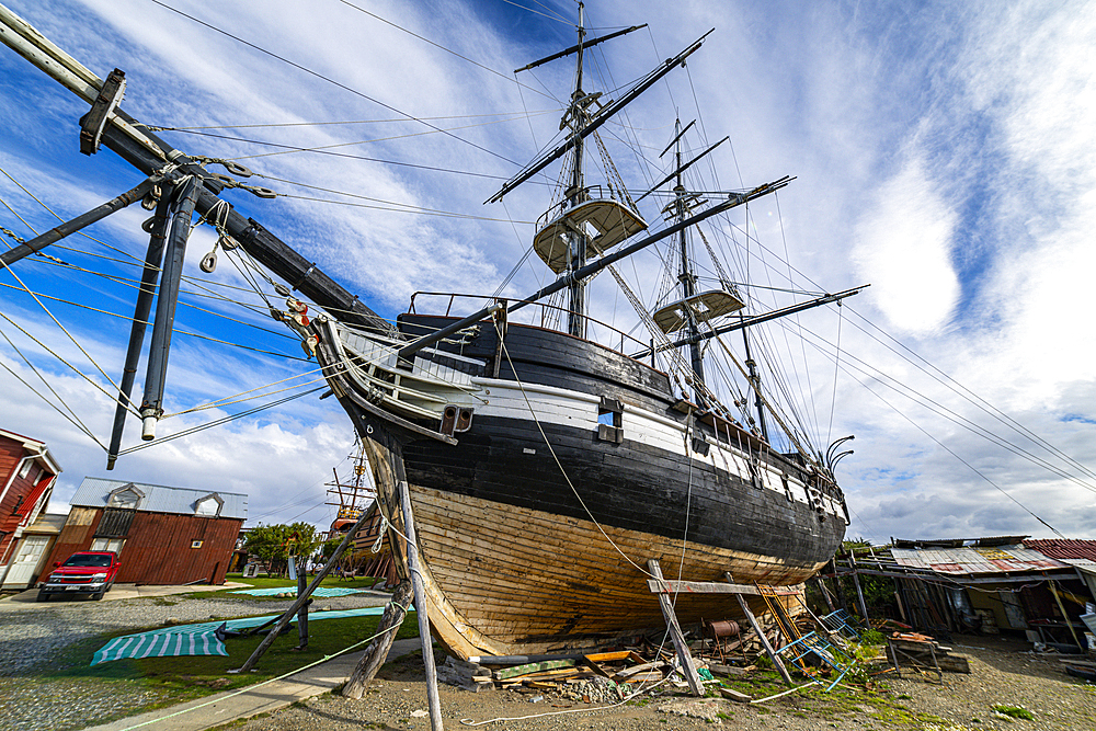 Replica of historic ship, Nao Victoria Museo, Shoreline of Punta Arenas, Patagonia, Chile, South America