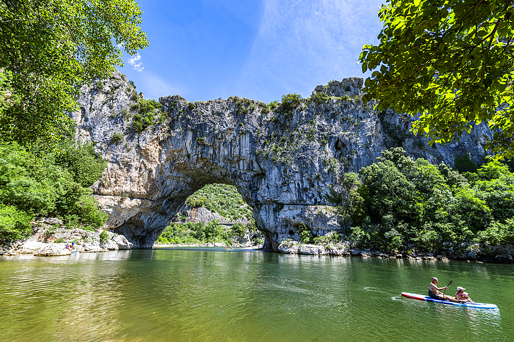 Aerial of the Pont d'Arc, Ardeche Gorge (Gorges de l'Ardeche), Ardeche, Auvergne-Rhone-Alpes, France, Europe