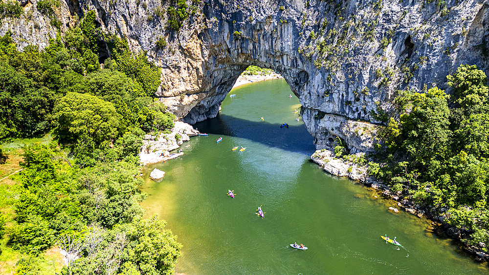 Aerial of the Pont d'Arc, Ardeche River gorge, Ardeche, Auvergne-Rhone-Alpes, France, Europe