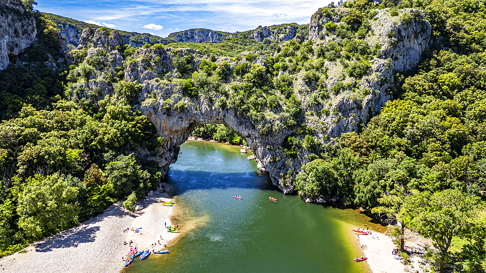 Aerial of the Pont d'Arc, Ardeche River gorge, Ardeche, Auvergne-Rhone-Alpes, France, Europe