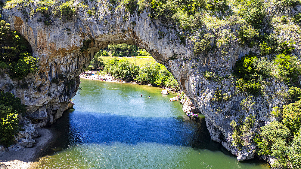 Aerial of the Pont d'Arc, Ardeche River gorge, Ardeche, Auvergne-Rhone-Alpes, France, Europe