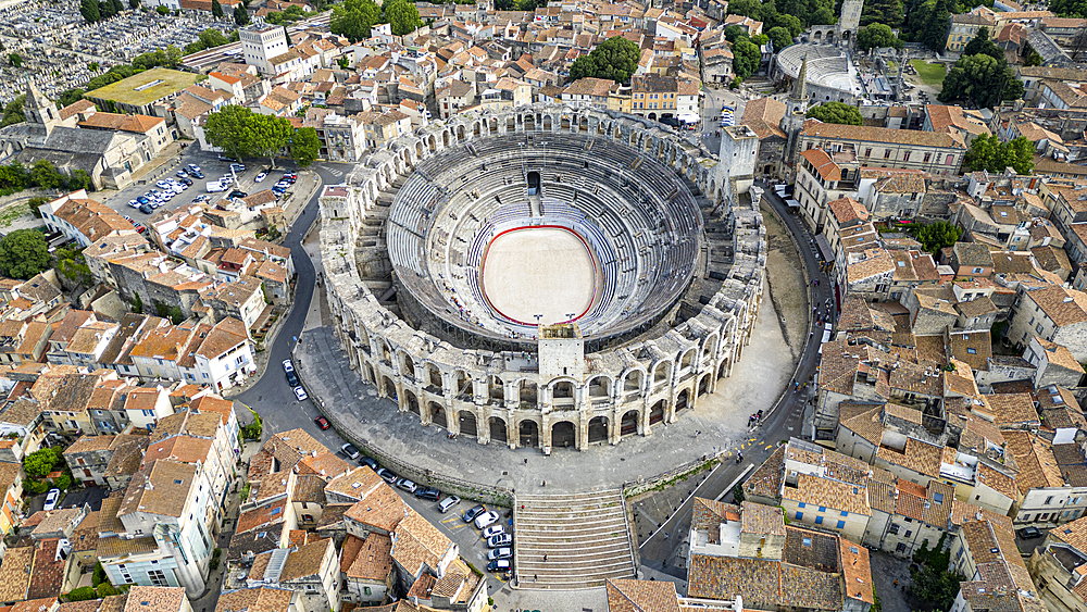 Aerial of the city with the Roman Amphitheatre, UNESCO World Heritage Site, Arles, Bouches du Rhone, Provence-Alpes-Cote d'Azur, France, Europe