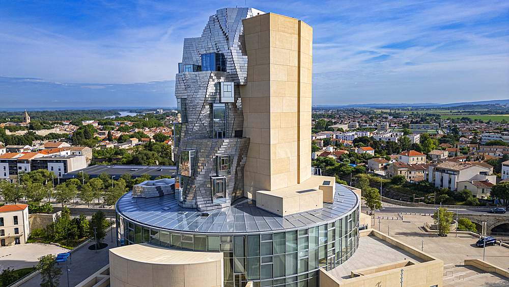 Aerial of the LUMA Cultural Center building, architect Frank Gehry, Arles, Bouches du Rhone, Provence-Alpes-Cote d'Azur, France, Europe