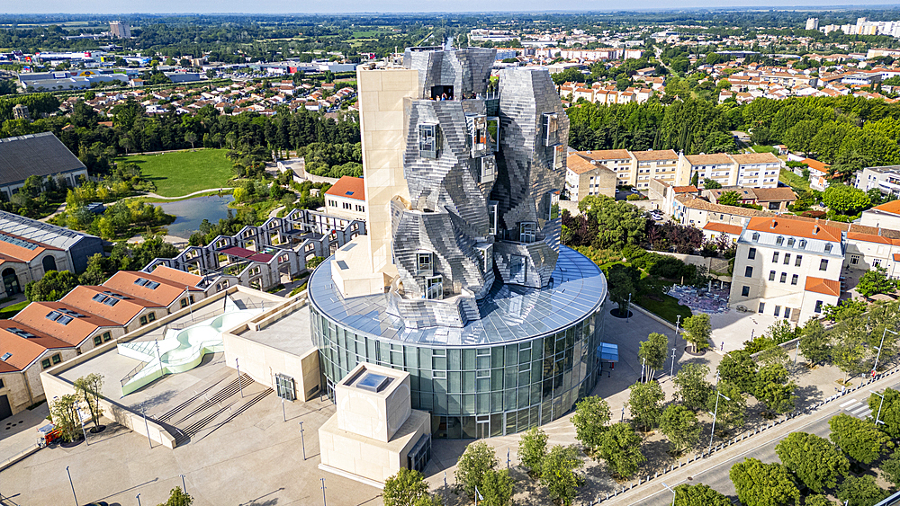 Aerial of the LUMA Cultural Center building, architect Frank Gehry, Arles, Bouches du Rhone, Provence-Alpes-Cote d'Azur, France, Europe