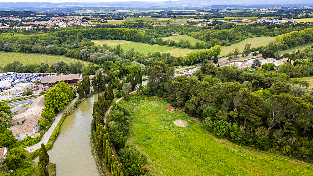 Aerial of the Canal du Midi near Carcassonne, UNESCO World Heritage Site, Aude, Occitania, France, Europe