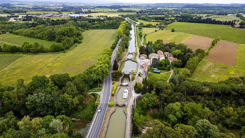 Aerial of the Canal du Midi near Carcassonne, UNESCO World Heritage Site, Aude, Occitania, France, Europe