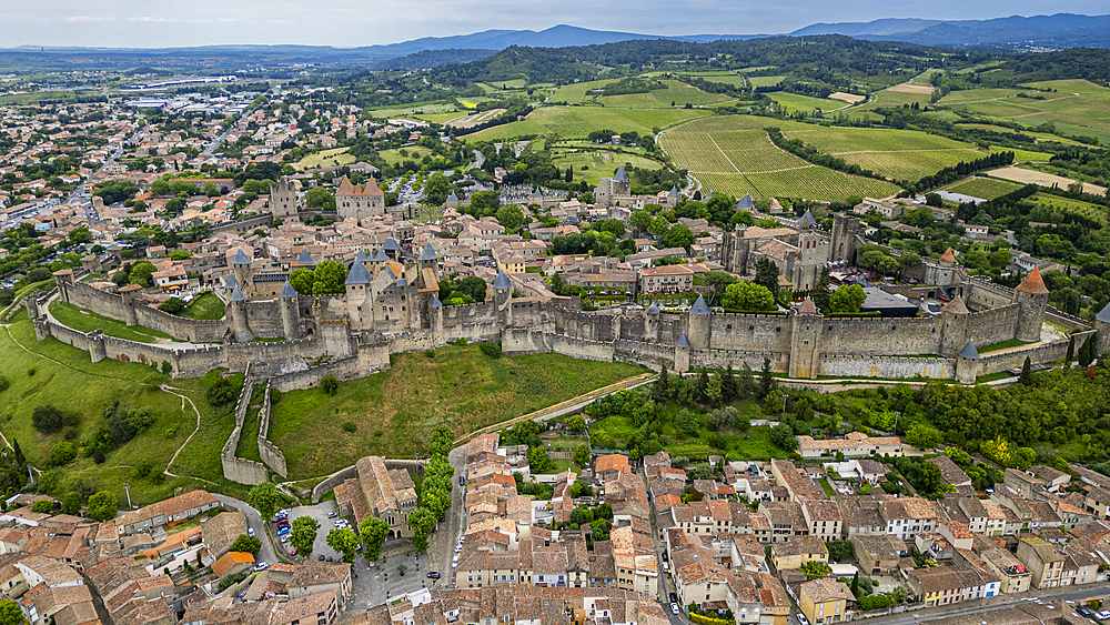 Aerial of the Cite de Carcassonne citadel, UNESCO World Heritage Site, Carcassonne, Aude, Occitania, France, Europe