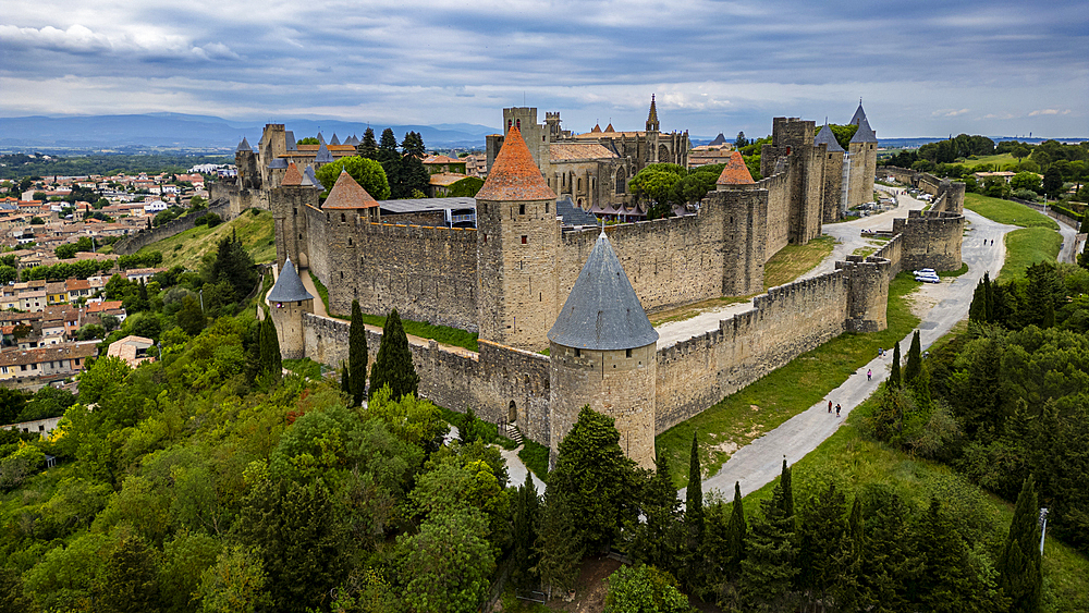 Aerial of the Cite de Carcassonne citadel, UNESCO World Heritage Site, Carcassonne, Aude, Occitania, France, Europe