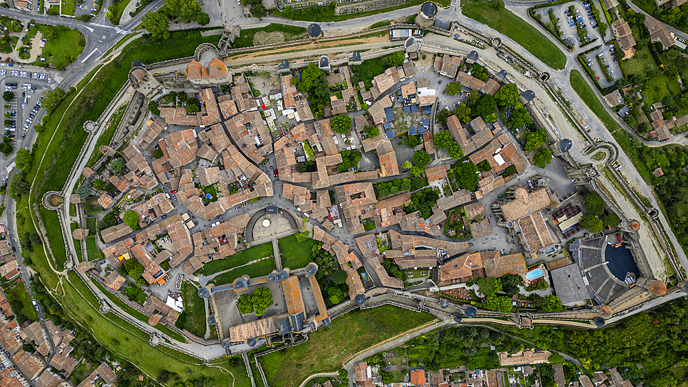 Aerial of the Cite de Carcassonne citadel, UNESCO World Heritage Site, Carcassonne, Aude, Occitania, France, Europe