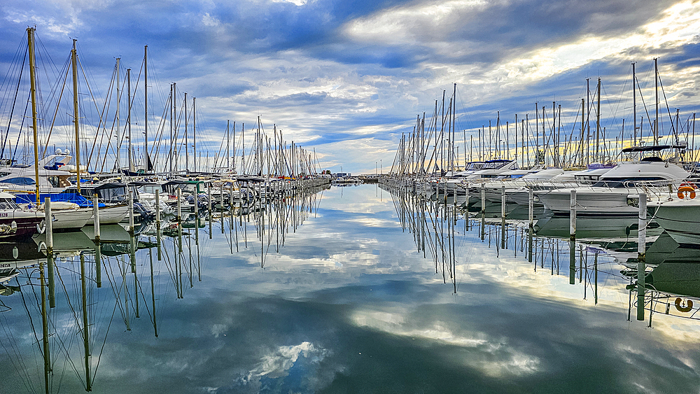 Sport harbour, futuristic seaside town of La Grande Motte, Herault, Occitania, France, Europe