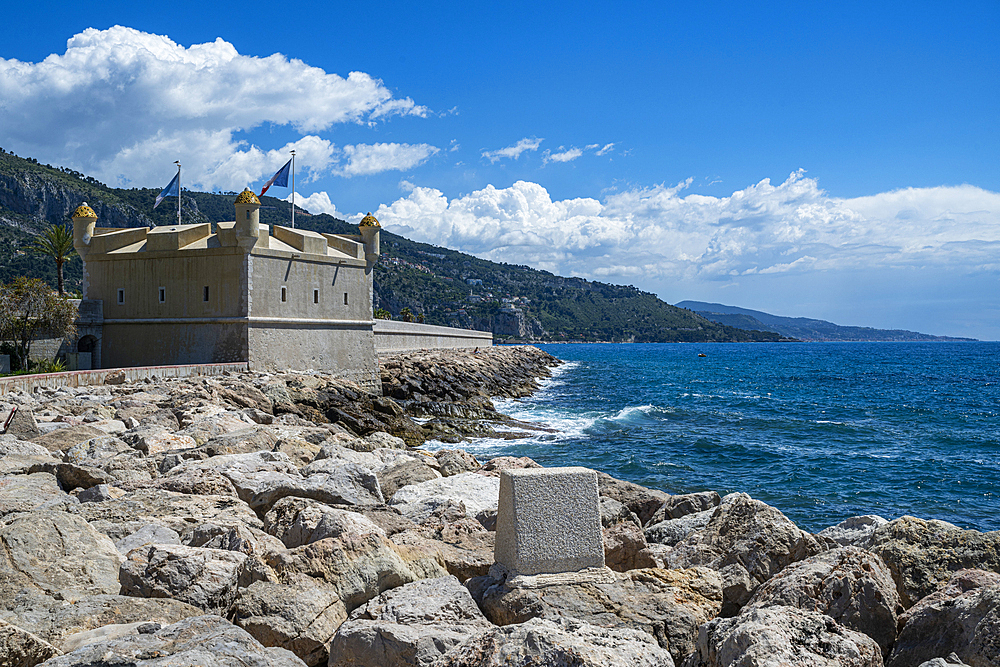 Old castle tower, seaside town of Menton, Alpes Maritimes, Provence-Alpes-Cote d'Azur, French Riviera, France, Europe