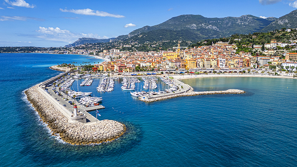 Aerial of the seaside town of Menton, Alpes Maritimes, Provence-Alpes-Cote d'Azur, French Riviera, France, Europe