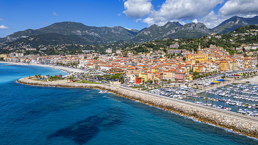 Aerial of the seaside town of Menton, Alpes Maritimes, Provence-Alpes-Cote d'Azur, French Riviera, France, Europe