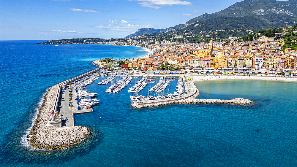 Aerial of the seaside town of Menton, Alpes Maritimes, Provence-Alpes-Cote d'Azur, French Riviera, France, Europe