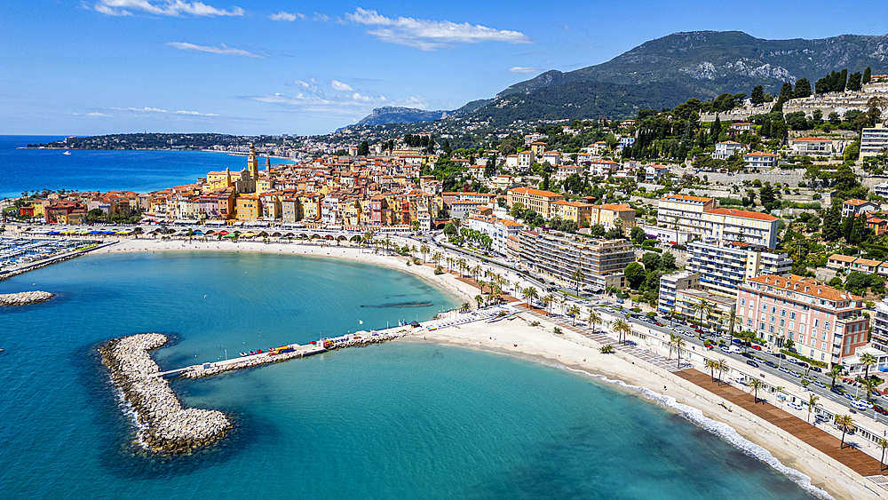 Aerial of the seaside town of Menton, Alpes Maritimes, Provence-Alpes-Cote d'Azur, French Riviera, France, Europe