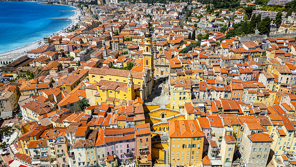 Aerial of the seaside town of Menton, Alpes Maritimes, Provence-Alpes-Cote d'Azur, French Riviera, France, Europe