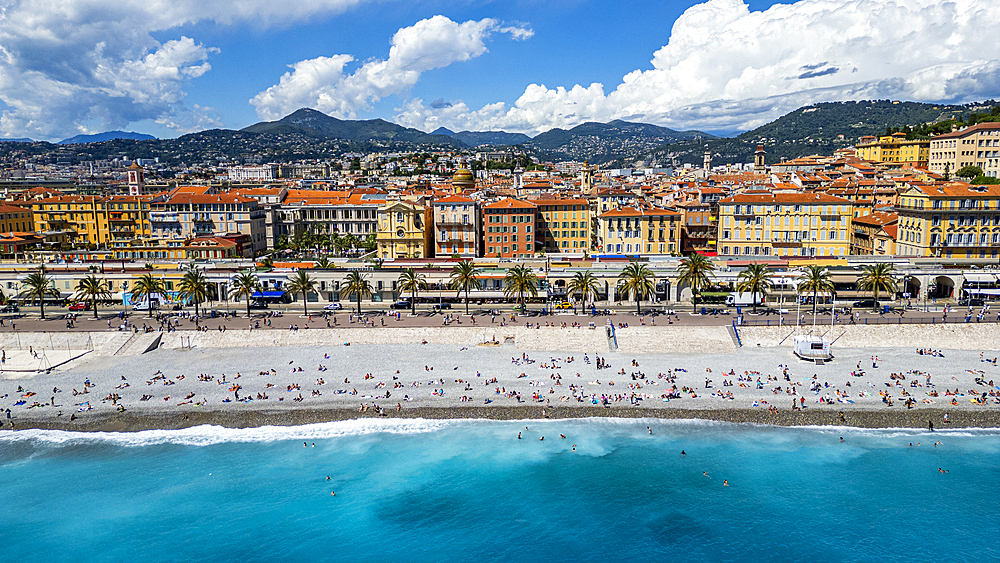 Aerial of the beachfront and the historic city, Nice, UNESCO World Heritage Site, Alpes Maritimes, French Riviera, France, Europe