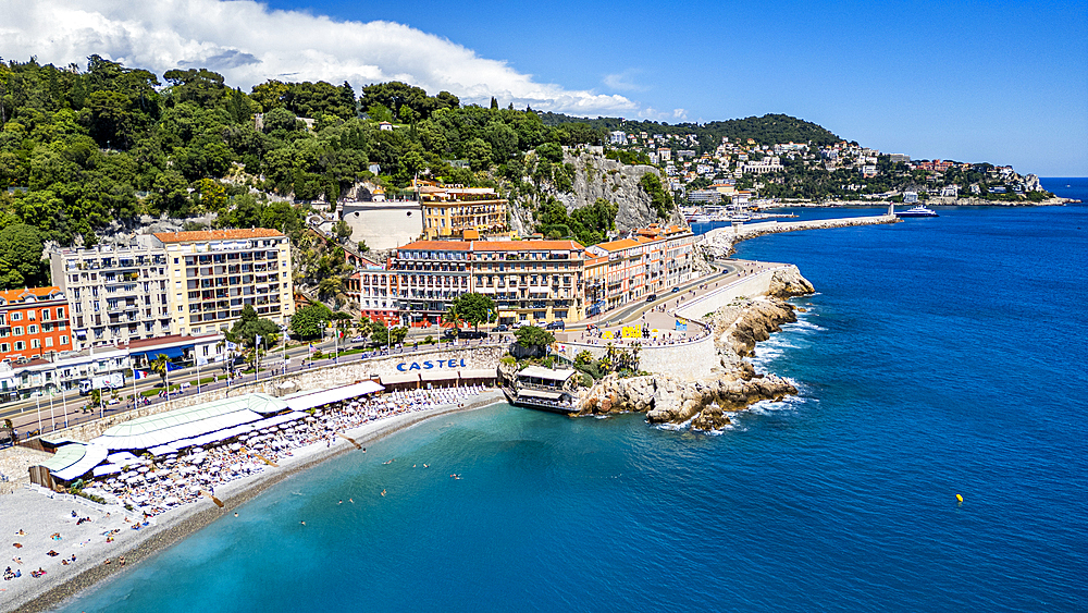 Aerial of the beachfront and the historic city, Nice, UNESCO World Heritage Site, Alpes Maritimes, French Riviera, France, Europe