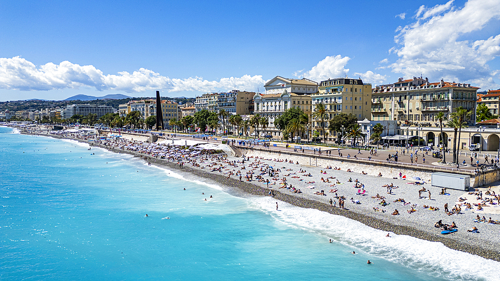 Aerial of the beachfront and the historic city, Nice, UNESCO World Heritage Site, Alpes Maritimes, French Riviera, France, Europe