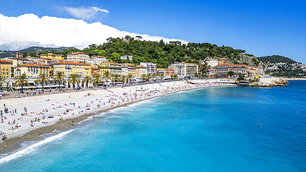 Aerial of the beachfront and the historic city, Nice, UNESCO World Heritage Site, Alpes Maritimes, French Riviera, France, Europe