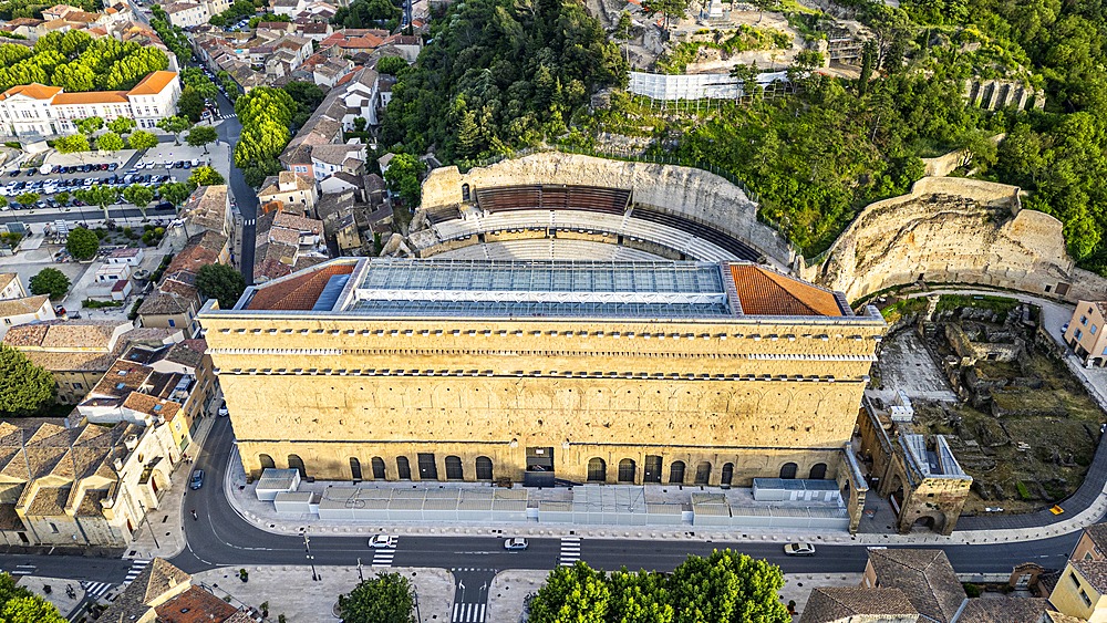 Aerial of the Roman Amphitheatre, UNESCO World Heritage Site, Orange, Vaucluse, Provence-Alpes-Cote d'Azur, France, Europe