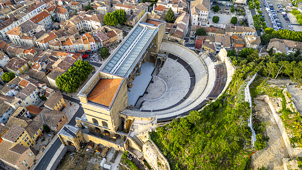 Aerial of the Roman Amphitheatre, UNESCO World Heritage Site, Orange, Vaucluse, Provence-Alpes-Cote d'Azur, France, Europe