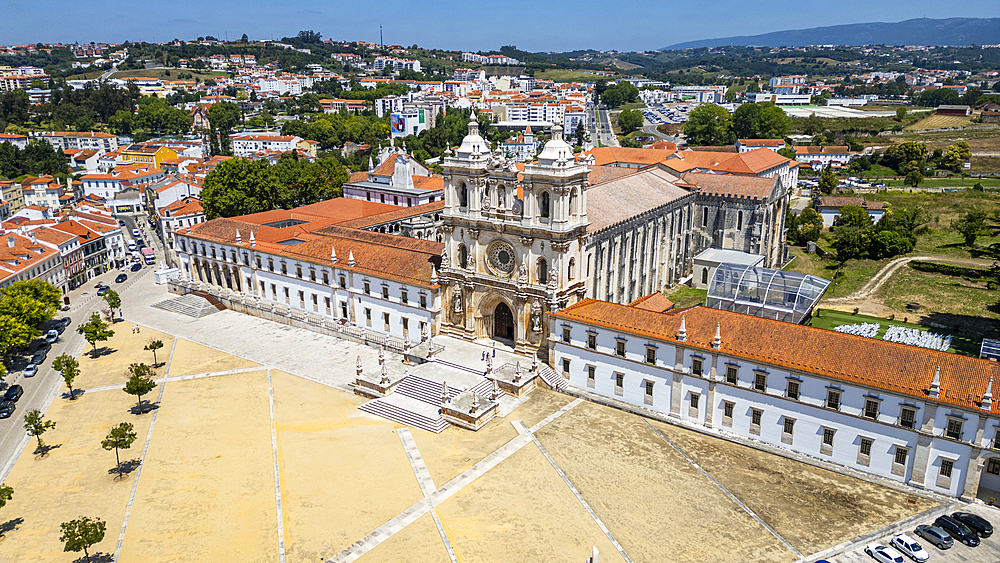 Aerial of the Monastery of Alcobaca, UNESCO World Heritage Site, Alcobaca, Oeste, Portugal, Europe