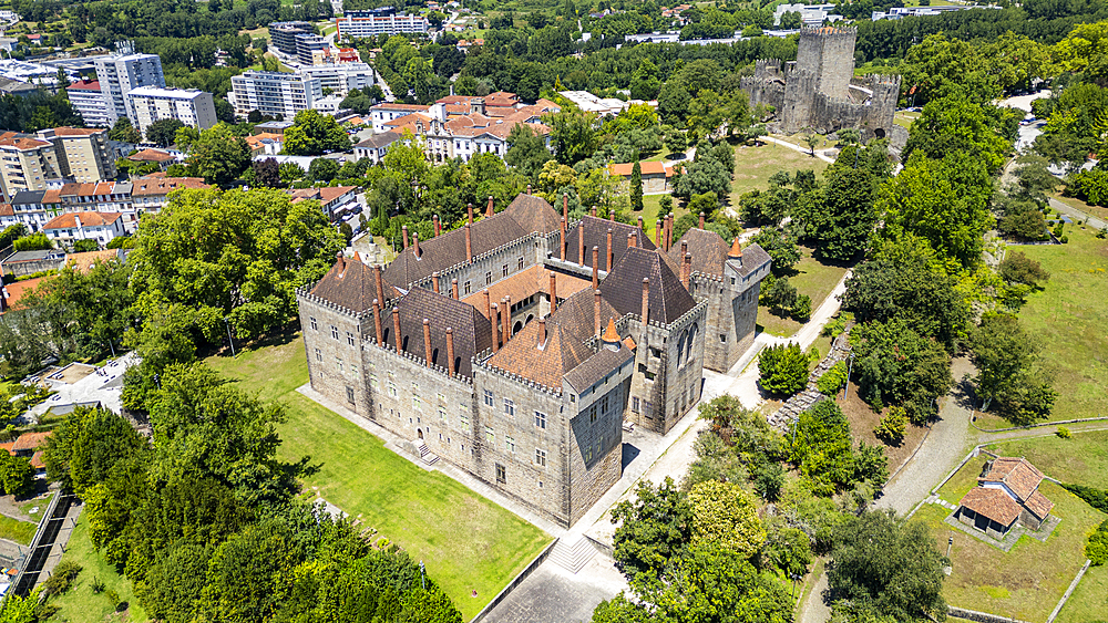 Aerial of Palace Duques de Braganca, UNESCO World Heritage Site, Guimaraes, Norte, Portugal, Europe