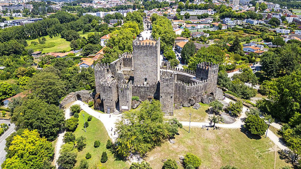 Aerial of the Guimaraes Castle, UNESCO World Heritage Site, Guimaraes, Norte, Portugal, Europe