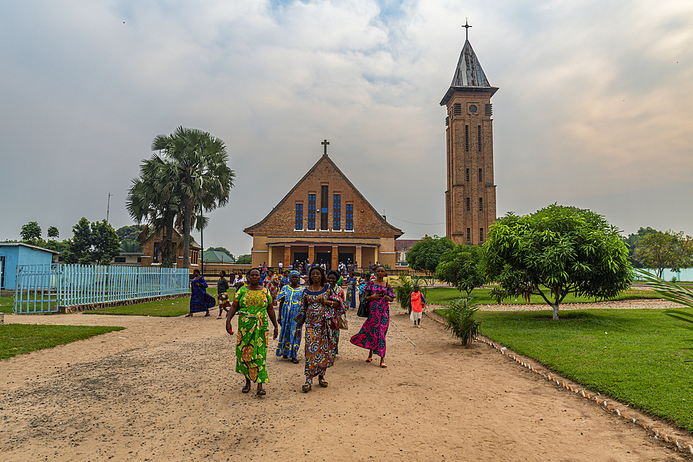 Women leaving the cathedral after church service in Kananga, Central Kasai, Democratic Republic of Congo, Africa