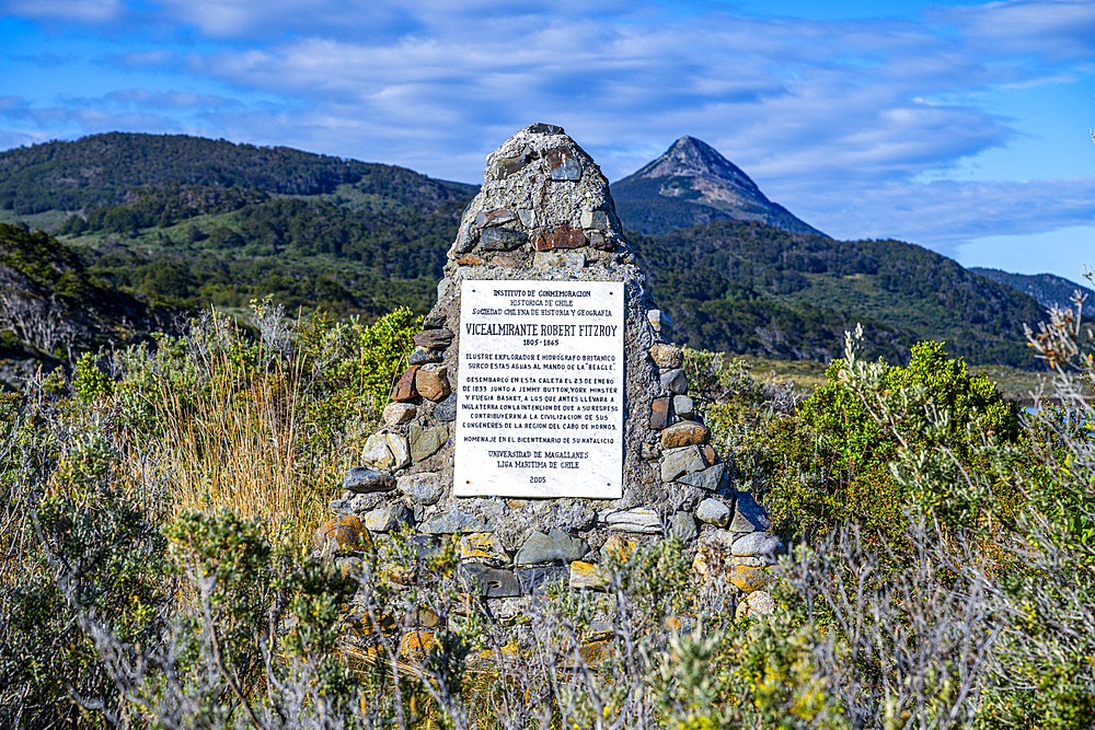 Marker in Wulaia Bay, Tierra del Fuego, Chile, South America