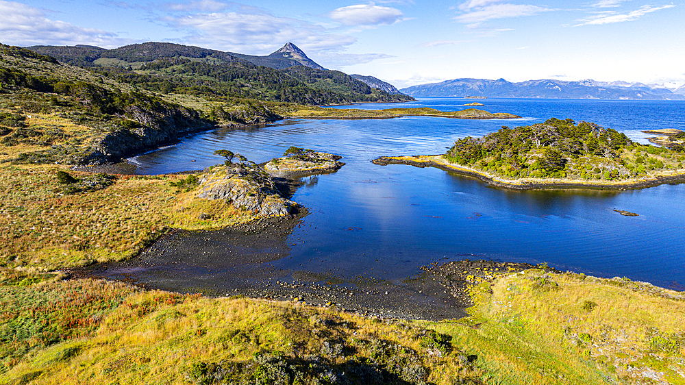 Aerial of Wulaia Bay, Tierra del Fuego, Chile, South America