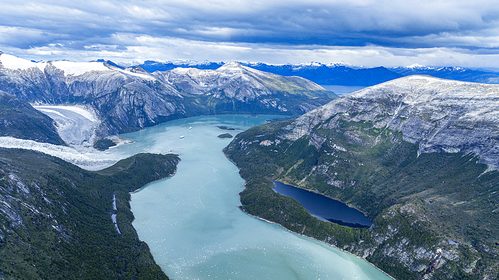 Aerial of Pia glacier and its fjord, Tierra del Fuego, Chile, South America