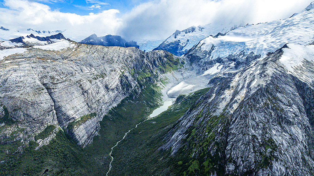 Aerial of Potter glacier, Tierra del Fuego, Chile, South America